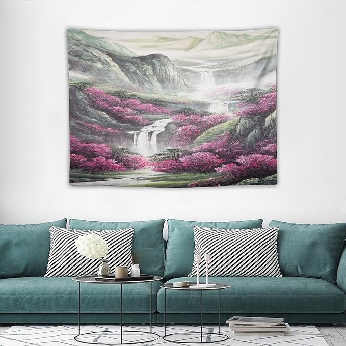 Japanese Tapestry, Red Plum Blossom Mountain, Nature Landscape, Bedroom Living Room Decor, 40"x30"-Ruum Studio Home