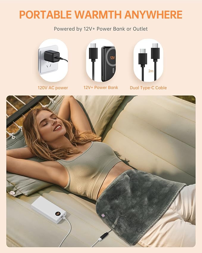 Nano Heating Pad Pain Relief, Far Infrared Heating Electric Pad for Period Cramps Back Neck, Washable, Car, Portable, for Women Mom Elder,12V Safe, Remote 6 Heat&Time(12"x24", Grey)-Ruum Studio Home
