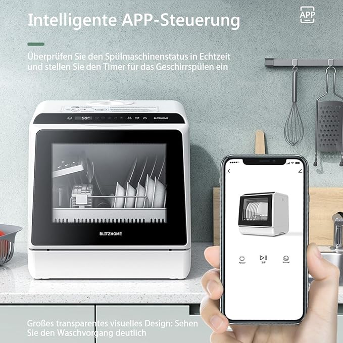 Portable Dishwasher Countertop, WIFI Smart Dishwasher, Compact Mini Dishwashers with 5L Built-in Water Tank, 6 Programs, 360° Dual Spray, High-Temp& Air-Dry Function, Fruit Cleaning-Ruum Studio Home