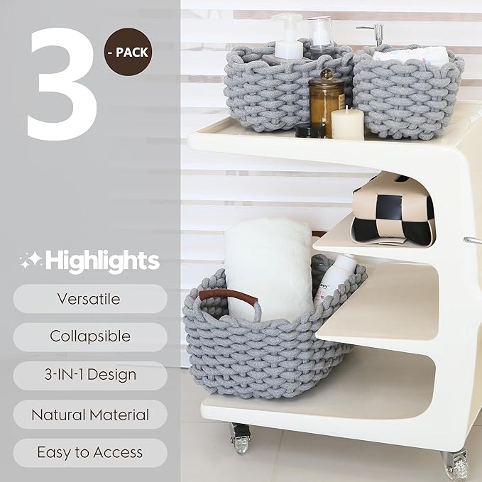 Sea Team 3-Pack Rectangle Woven Cotton Rope Storage Baskets with Handles, Shelf Basket, Closet Organizers, 3-in-1, Gray-Ruum Studio Home