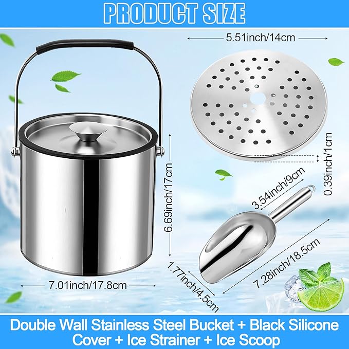 meekoo 3 L Double Wall Insulated Stainless Steel Ice Bucket with Lid, Scoop, Strainer, Handle Large Wine Ice Bucket Upgraded Cover Keep Frozen Longer for Cocktail Bar Parties(Silver)-Ruum Studio Home