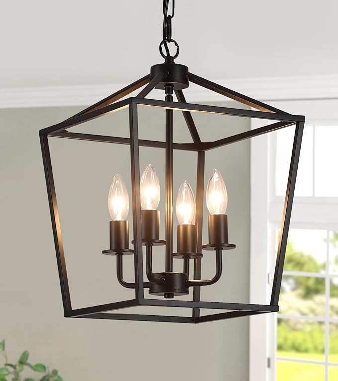 AMZASA UL Listed Black Industrial 4 Light Lantern Chandelier Ceiling Light Fixtures Farmhouse Metal Cage Rustic Geometric Pendant Light for Kitchen Island Entryway Dining Room Stairs and Hallway-Ruum Studio Home