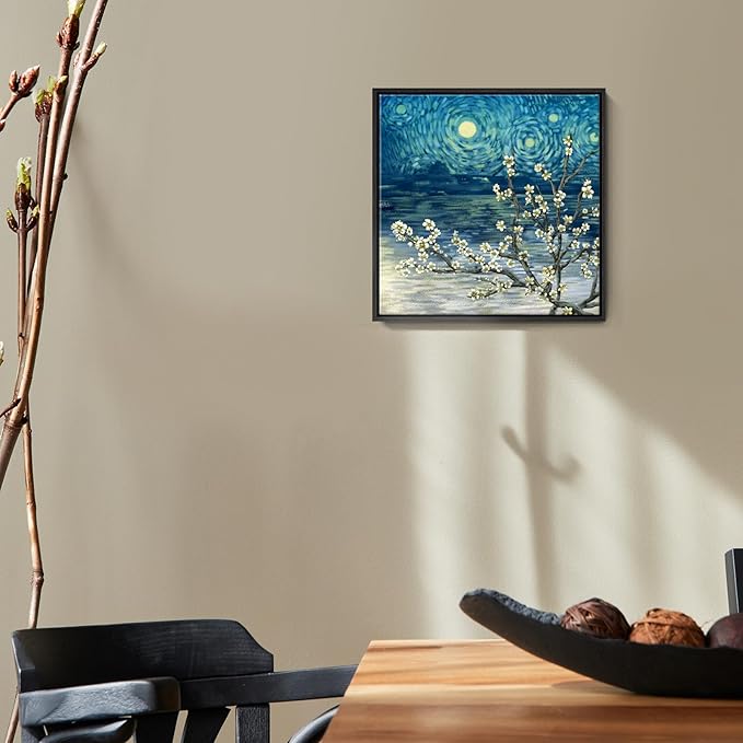 Framed Wall Art Bathroom Décor Modern Floral Tree Canvas Picture Plum Blossom Starry Night Flower Canvas Print Abstract Lake Blue Teal Yellow Painting for Modern Living Room Bedroom Office Décor Small-Ruum Studio Home