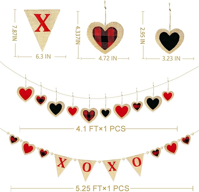 Valentine’s Day Party Decorations Felt XOXO Sign Triangle Pennant Banner Flag Buffalo Plaid Red Black Heart Burlap Garland with Wood Beaded for Wedding Birthday Valentine’s Day Party Supplies-Ruum Studio Home