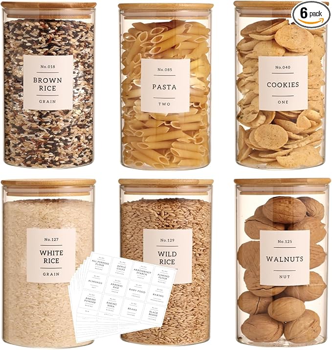 6 Pack Glass Jar with Airtight Bamboo Lid and White 132 Kichen Pantry Labels Preprinted - 28 Oz Clear Round Glass Food Storage Containers set For Tea Coffee Bean Cookie-Ruum Studio Home