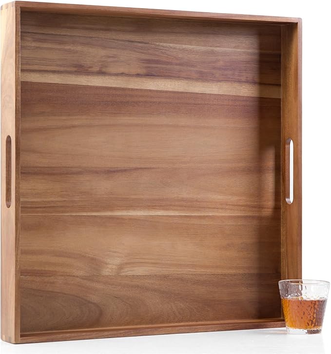 Extra Large Square Wood Tray, Generously 22" Acacia Serving Trays for Large Ottoman Coffee Table, Giant Square Shape Sofa Tray with Handles, Kitchen Organizer Storage Trays Huge Counter Serveware-Ruum Studio Home