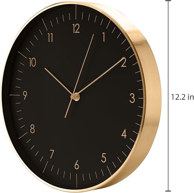 LUUK LIFESTYLE Modern Wall Clock with Silent Quartz Movement, Stylish & Functional, Decoration for Bedroom, 12 inch, in Black & Gold-Ruum Studio Home