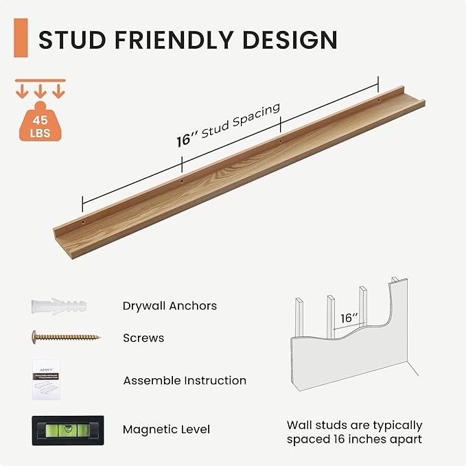 Solid Ash Wood Picture Ledge Shelf, Floating Shelves Set of 2, 56 Inch Long Large Ledge Shelves, Nursery Book Shelves Wall Mounted for Living Room Bedroom Kitchen Decor Kids Bookshelf, Natural-Ruum Studio Home