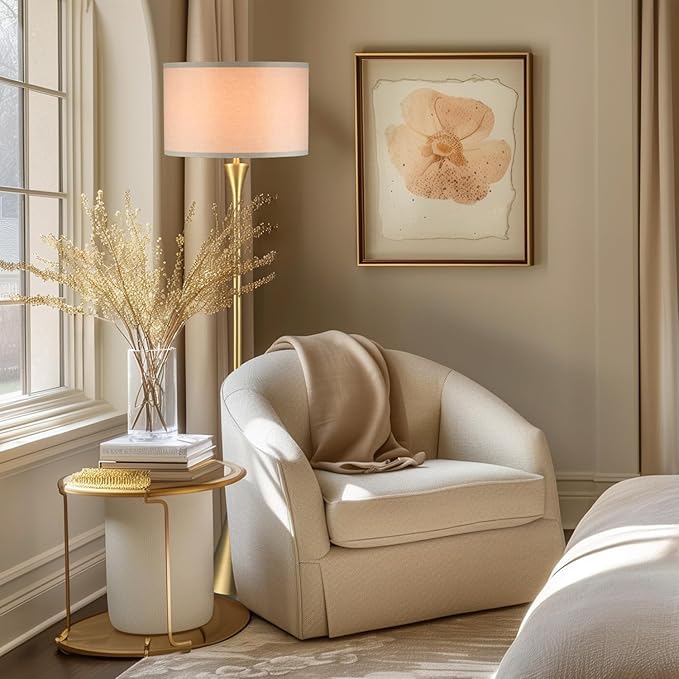 GLOBE Electric 61000150 60" Floor Lamp, Antique Brass Finish, Beige Fabric Shade, Mid-Century Modern Standing Lamp, E26 Base, Sustainable Design for Living Rooms and Bedrooms-Ruum Studio Home