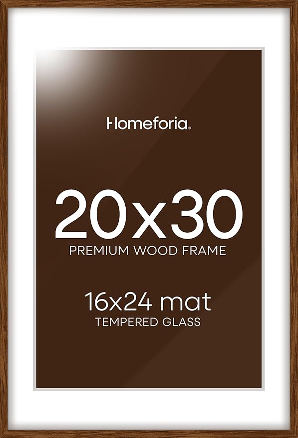 Homeforia 20 x 30 Walnut Frame, High End Dark Oak 20x30 Wooden Poster Frames with Mat 16x24, 20 x 30 Brown Wood Picture Frame Matted to 16 x 24, 30x20 Hanging Frame, Tempered Glass, Wall Kit, Set of 1-Ruum Studio Home
