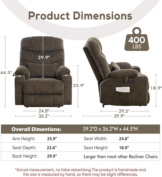 Oversized Dual Motor Lay Flat Power Lift Recliner Chair with Massage, Heating, Lumbar Pillow, USB & Type-C Ports, Textile Lift Chairs Recliners, Large Recliner for Big & Elderly People - Brown-Ruum Studio Home