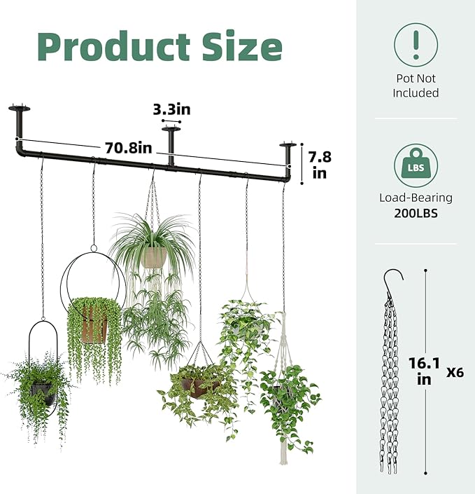 Plant Hanger Indoor with 6 Hanging Chains Hanging Planters for Indoor Plants Hanging Plant Holder Window Plant Rod Black Metal Shelves(70.8 Inch Pot not Included-Ruum Studio Home