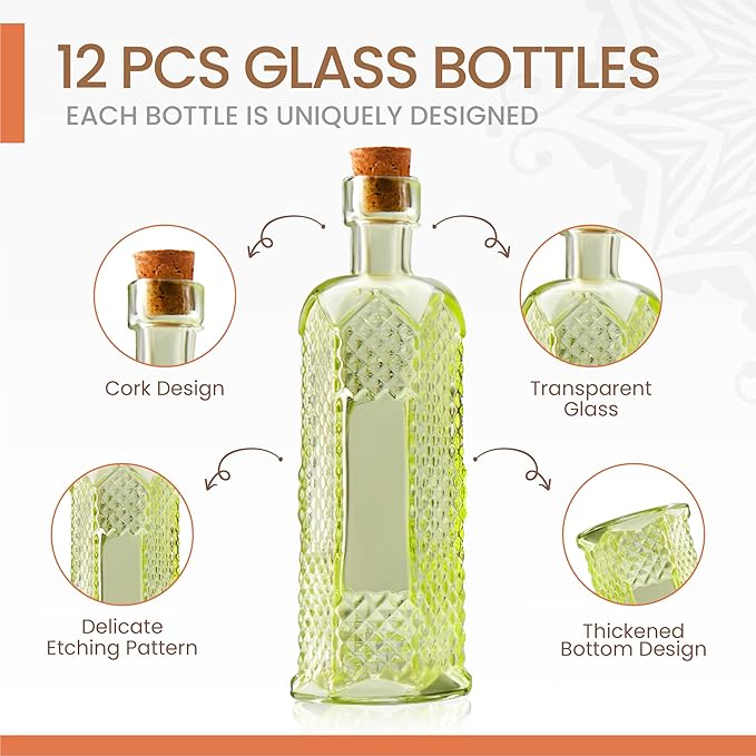Small Mini Green Vintage Glass Bottles with Corks, Mini Vases, Decorative, Potion, Assorted Design Set of 12 pcs, 4.6 Inch Tall (11.43cm), 1.4 Inch Wide (3.56cm)-Ruum Studio Home
