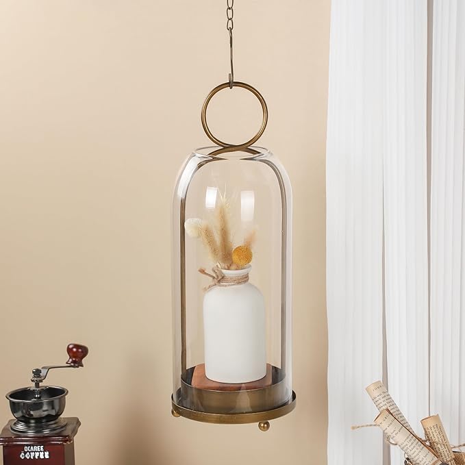 16" High Versatile Modern Metal Hurricane Lantern with Handmade Sturdy Glass Dome for Pillar Candle & Plants (Brass, 6.3"x16.5")-Ruum Studio Home