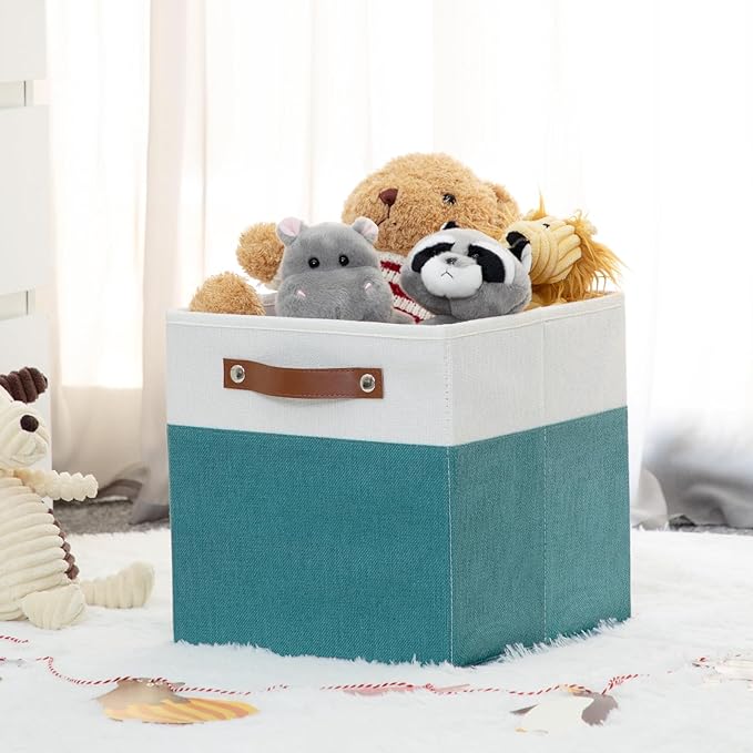 HNZIGE Fabric Storage Cube Bins Baskets for Organizing, 11 inch Cube Storage Bins, Set of 4, Collapsible Storage Bin with Handles, Closet Organizers and Storage Home Toy Nursery Bedroom(White Teal)-Ruum Studio Home