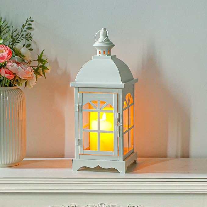 TRIROCKS Decorative Vintage Candle Lanterns 14.5" H Farmhouse Outdoor Hanging Lanterns with Tempered Glass for Porch, Balcony, Patio, Home, Centerpieces, Indoor, Outdoor(White)-Ruum Studio Home