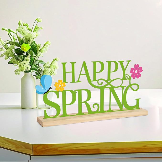 COCHIE Metal Happy Spring Sign, Spring Decorations for Home, Office, Shelf, Mantel, Indoor, Spring Flower Decor, Spring Butterfly Table Top Party Decoration (Spring)-Ruum Studio Home