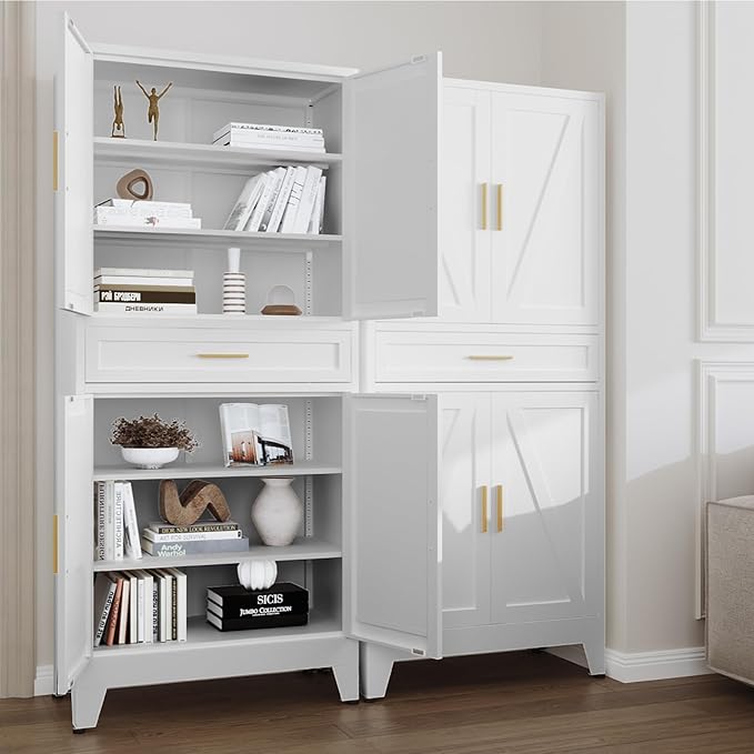 71 "Farmhouse Metal Filing Cabinet with a Drawer and 4 Adjustable Shelves, with 4 Large barn Door White Kitchen Cabinets, Metal Food Cabinets for Home, Kitchen, Dining/Living Room (White)-Ruum Studio Home