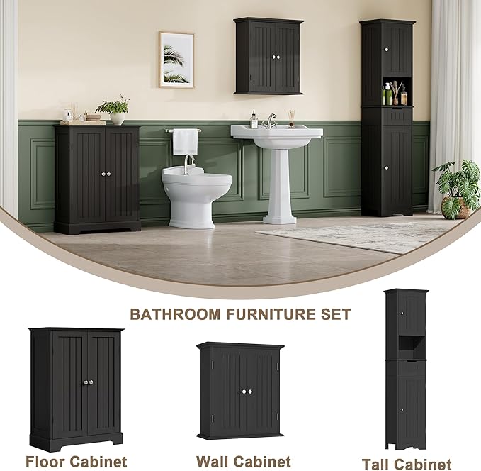 ChooChoo Bathroom Floor Cabinet, Modern Bathroom Storage Cabinet with 2 Doors and Adjustable Shelves, Freestanding Cupboard for Living Room, Black-Ruum Studio Home