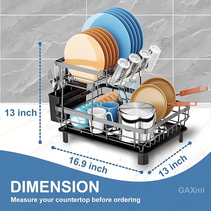 GAXmi Dish Drying Rack Over The Sink Dish Drainer with Drainboard Utensil Holder Cup Holder, 2-Tier Grey-Ruum Studio Home