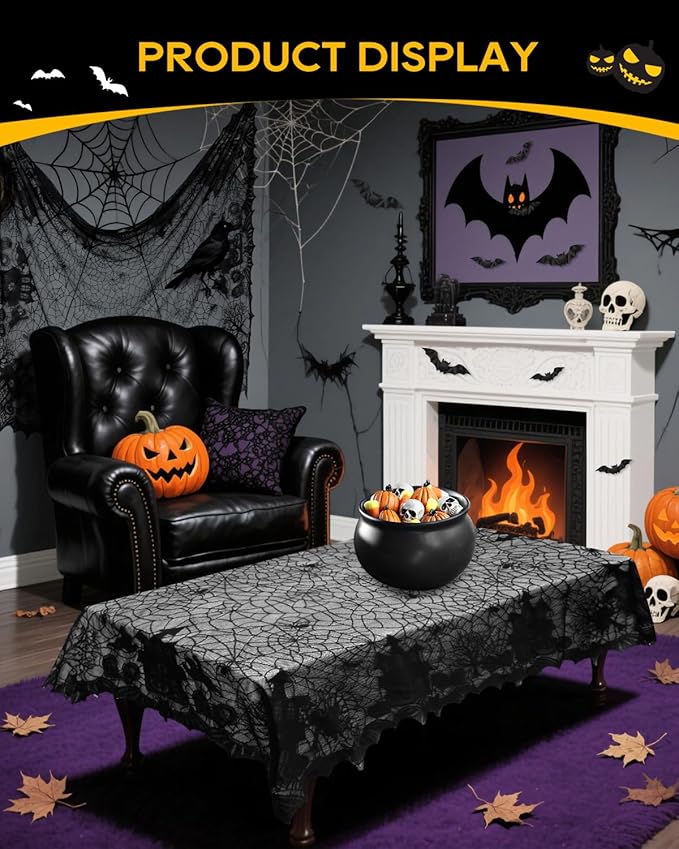 eZAKKA Halloween Table Cloth with 16 Pcs Bats Wall Decor, Spider Web Table Cloth Black Tablecloth Lace Fabric Table Cloths for Rectangle for Parties Gothic Spooky Home Decorations, 53x68 Inch-Ruum Studio Home