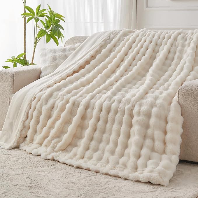 Lotus Karen Faux Fur Blanket - Cream White Twin Size, Big Bubble Rabbit Fluff, 60x80 Inches-Ruum Studio Home