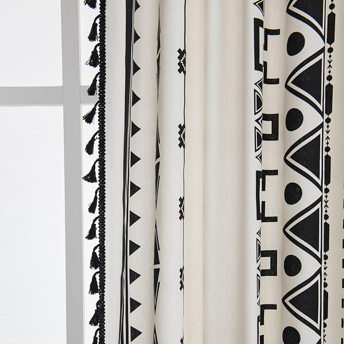 Sutuo Home Black and White Boho Curtain 84 Inches Length for Bedroom, Printed Cotton Linen Geometric Rod Pocket Chic Semi Blackout Bohemian Tassels Window Treatment, 1 Panel 59" W x 84" L-Ruum Studio Home