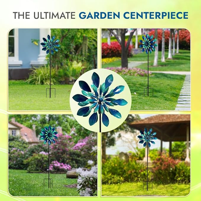 Large Wind Spinners - Decorative Garden Whirligigs - Durable Metal Flower Art - Ideal for Yard Decor and Gifts - Outdoor Accessories - Designed for Patios & Landscapes Blue 24"W x 84"H-Ruum Studio Home