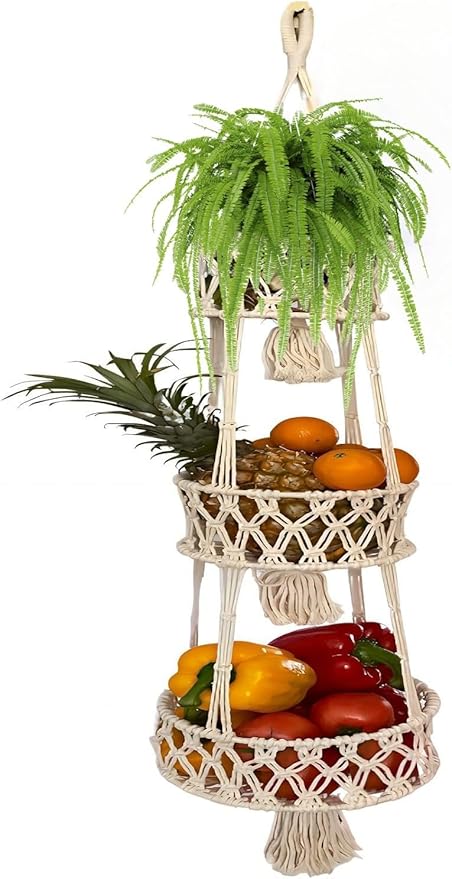 Pony River Hanging Fruit Basket, 3 Tier Cotton Macrame Produce Basket for Kitchen, Indoor Planter Hangers.-Ruum Studio Home