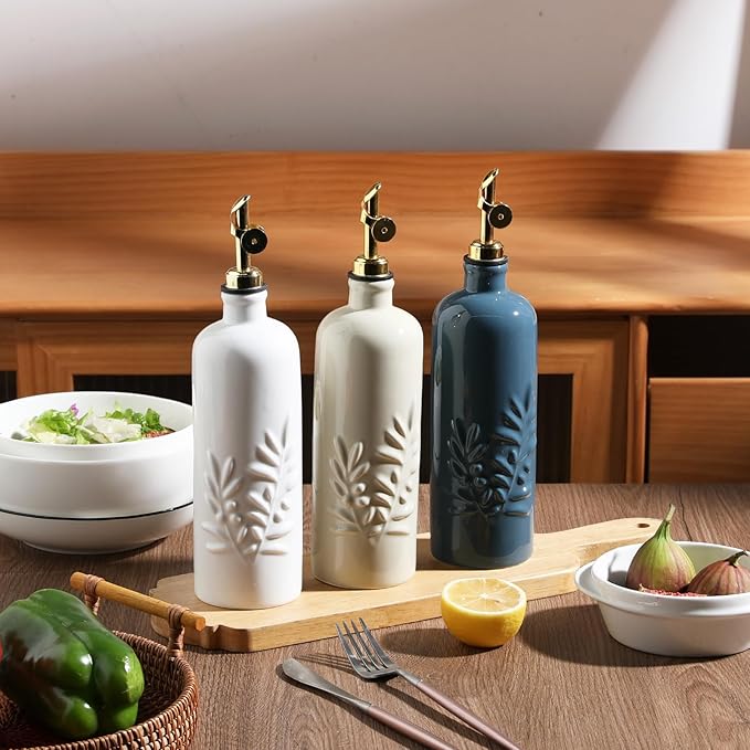 Sweejar 18 Oz Oil Dispenser for Kitchen with Gravity Spout, Ceramic Olive Oil Dispenser Bottle, Relief Opaque Vinegar Container for Evoo, Vinegar, Soy Sauce, Pack of 1(White, Silver Spout)-Ruum Studio Home