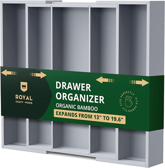 ROYAL CRAFT WOOD Luxury Bamboo Kitchen Drawer Organizer - Silverware Organizer - Utensil Holder and Cutlery Tray with Grooved Drawer Dividers for Flatware and Kitchen Utensils (5 Slot, Gray)-Ruum Studio Home