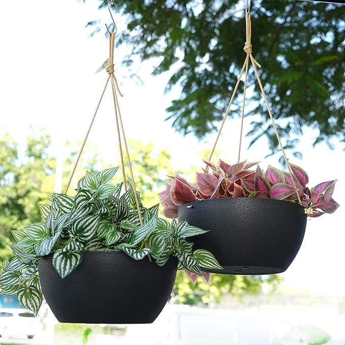 13 Inch 2 Pack Large Hanging Planters for Indoor Outdoor Plants, Plastic Hanging Basket Pots for House Plants Flowers, Black-Ruum Studio Home