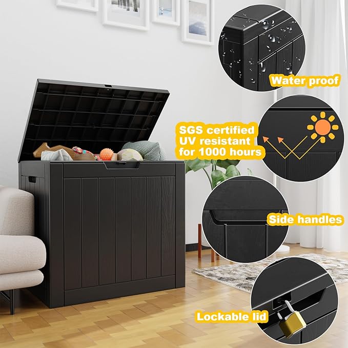 Vixzen 30 Gallon Resin Deck Box, Lockable Outdoor Storage Box for Patio Cushions Storage Furniture,Garden Tools, Pool Supplies, Weatherproof and UV Resistant- Black-Ruum Studio Home
