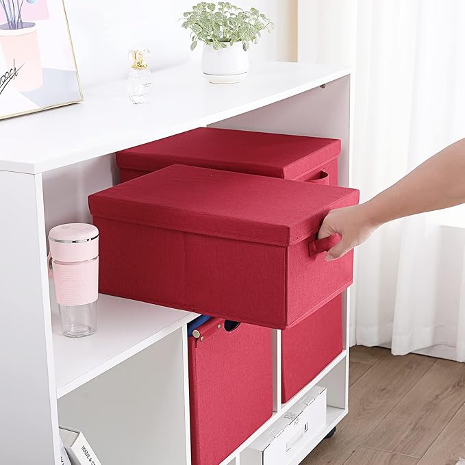 HOONEX Storage Bins with Lids for Organizing, Pack of 2, Storage Boxes with 2 Carrying Handles and Sturdy Heavy Cardboard, 16.5" L x 11.8" W x 7.5" H for Shoes, Books, Clothes, Red-Ruum Studio Home