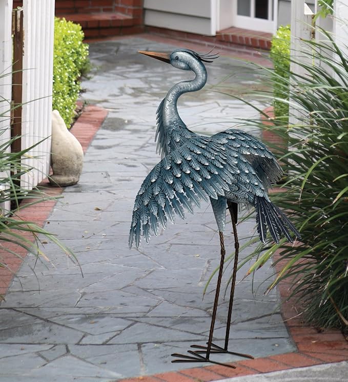 Regal Art & Gift Outdoor Garden Décor, Unique Bird Sculpture, Rustic Metal Bird Statues, Garden Ornaments, Bird Figurine for Lawn, Decorative Sculpture, Heron, Blue, Wings Down, 41"height-Ruum Studio Home