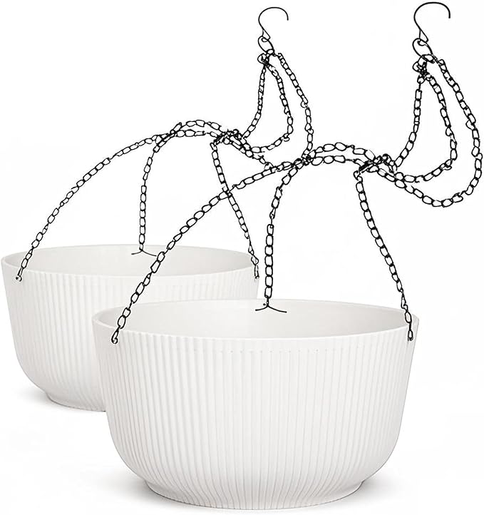 Dexceder 11.2 Inch Self Watering Hanging Planters Indoor Outdoor, Thickened Hanging Basket Flower Plant Pot (2 Pack, White)-Ruum Studio Home