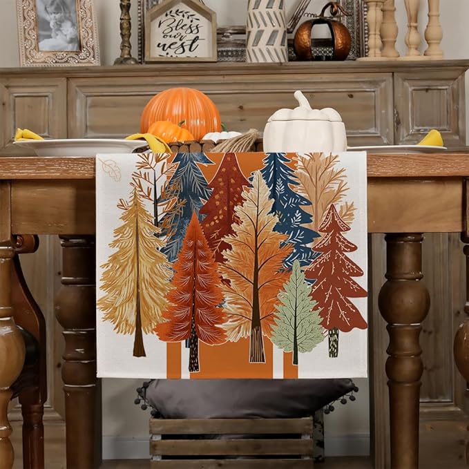 GEEORY Fall Watercolor Trees & Maple Leaves Striped Table Runner 13x48 Inch, Rustic Farmhouse Autumn Thanksgiving Decor for Kitchen, Dining, Indoor/Outdoor Holiday Dinner Party Orange GT157-48-Ruum Studio Home
