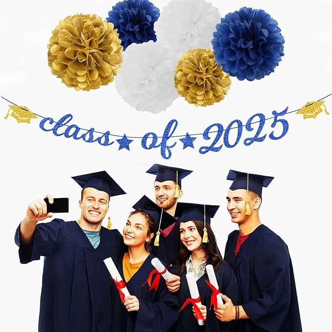 Navy-Blue Gold-White Party-Decoration Graduation Banner - 14pcs Kits Cap Garland Streamers, Royal Paper Tissue Pom Poms Flowers Fans Honeycomb,Class Of 2025 College High School Grad Decor Hugfond-Ruum Studio Home