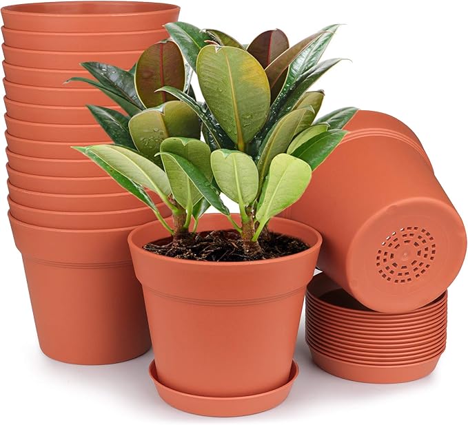 homenote Pots for Plants, 15 Pack 6 Inch Plastic Planters with Multiple Drainage Holes and Tray - Plant Pots for All Home Garden Flowers Succulents (Terra Cotta)-Ruum Studio Home
