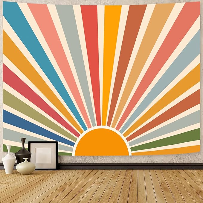 Kanuyee Boho Burning Sun Tapestry Wall Hanging, Retro 70s Abstract Vintage Geometric Rainbow Sunrise Tapestries for Bedroom Living Room Backdrop 60×80 inch-Ruum Studio Home