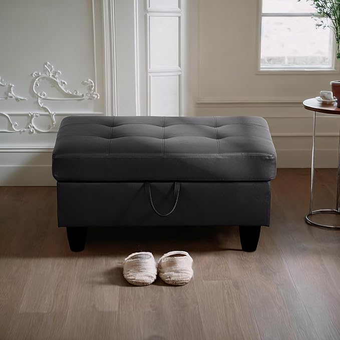 Ottoman Rectangular Storage Ottoman Bench, Faux Leather Footrest, Coffee Table, Stool Footstool with Hinged Lid for Living Room, Bedroom, Entryway, Black, 35"x23.5"x17.5"-Ruum Studio Home