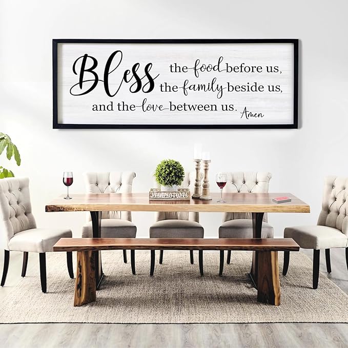 Bless the Food Before Us, the Family Beside Us, and the Love between us Framed Wall Art for Dining Room, 40''×15'' Holy Positive Religious Rustic Bible Verse for Christian God Jesus Christ Prayer-Ruum Studio Home