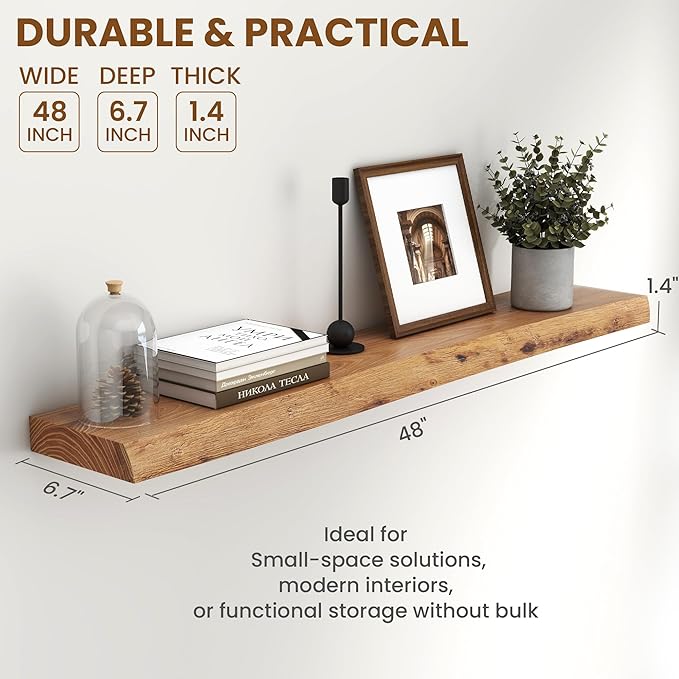 Fun Memories 48" Floating Shelves for Wall, Live Edge Solid Elm Wood Floating Shelf with Invisible Bracket, Wall Mounted Display Wooden Shelves for Bathroom, Kitchen, Bedroom, Natural Color, Set of 1-Ruum Studio Home