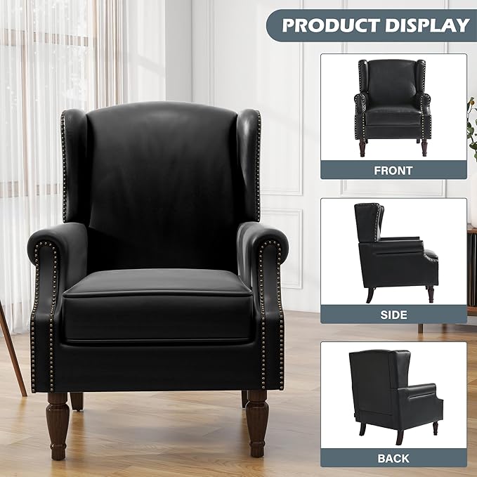 UIXE Faux Leather High Back Accent Chairs Set of 2, Upholstered Armchair for Living Room, Retro Wingback Arm Chair Nailhead Trim Single Sofa Bedroom Reading Seat with Solid Wood Legs - Black-Ruum Studio Home