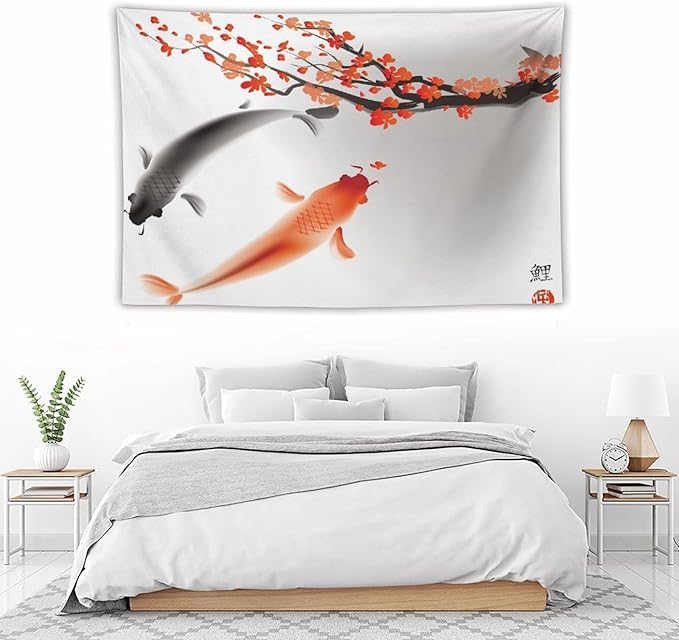 Japanese Koi Fish Tapestry, Cherry Blossoms Asian Oriental Flower Branch Koi Fish Carp Tapestries Wall Hanging for Bedroom Living Room Office Decor 60"x40"-Ruum Studio Home