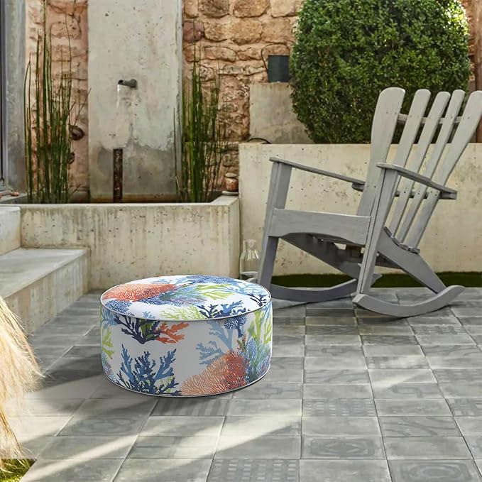 LVTXIII Outdoor Inflatable Ottoman, Patio Fade-Resistant Footrest Stool with Handle, Portable Round Ottoman Pouf for Patio Garden, Camping or Home Use, 21"x21"x9", Coral Multi-Ruum Studio Home