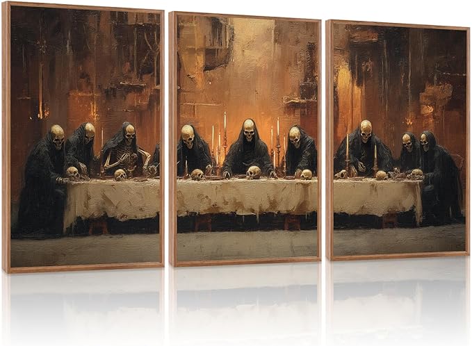 KAIRNE Framed Skeleton Canvas Wall Art,Abstract Retro Skull Pictures Set of 3(16”X24”),Scary Halloween Prints,Horror Wall Art,Skeleton Last Supper Posters for Living Room Bedroom Ding Room Decoration-Ruum Studio Home