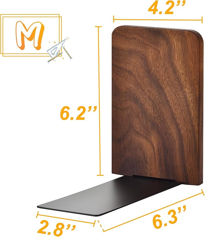 Book Ends, Black Walnut Wooden Bookends for Shelves - Heavy Duty Non-Slip Book Organizers, Upgraded Decorative Bookend Holders for Home, Kitchen, Office, Set of 2, Medium-Ruum Studio Home