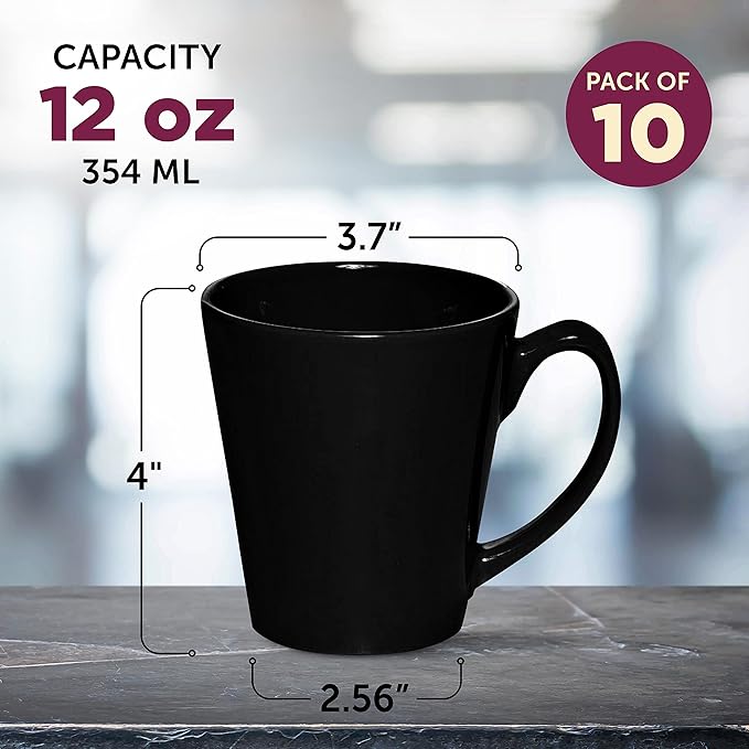 DISCOUNT PROMOS Glossy Ceramic Latte Coffee Mug 12 oz. Set of 10, Bulk Pack - Perfect for Tea, Espresso, Cappuccino, Hot Cocoa - Black-Ruum Studio Home
