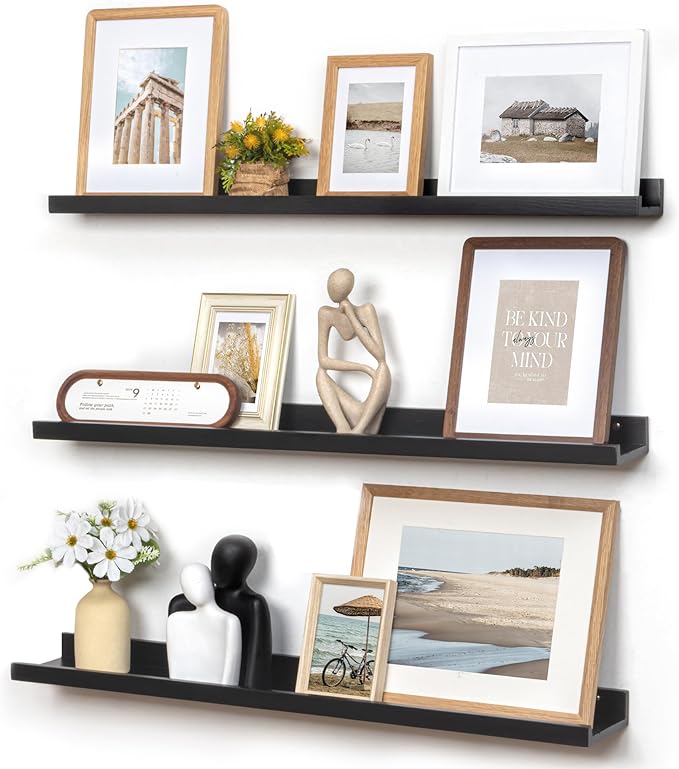 Picture Ledge Wall Shelves - 36 Inch Width Set of 3, Solid Pine Wood Rustic Floating Ledge Shelves for Kids' Room, Bedroom, Kitchen, Bathroom, Living Room, Nursery Display Wall Decor, Black-Ruum Studio Home